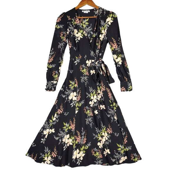 Reformation Dresses & Skirts - Reformation Susanna Midi Dress Women's XS Black Multi Floral Wrap Long Sleeve